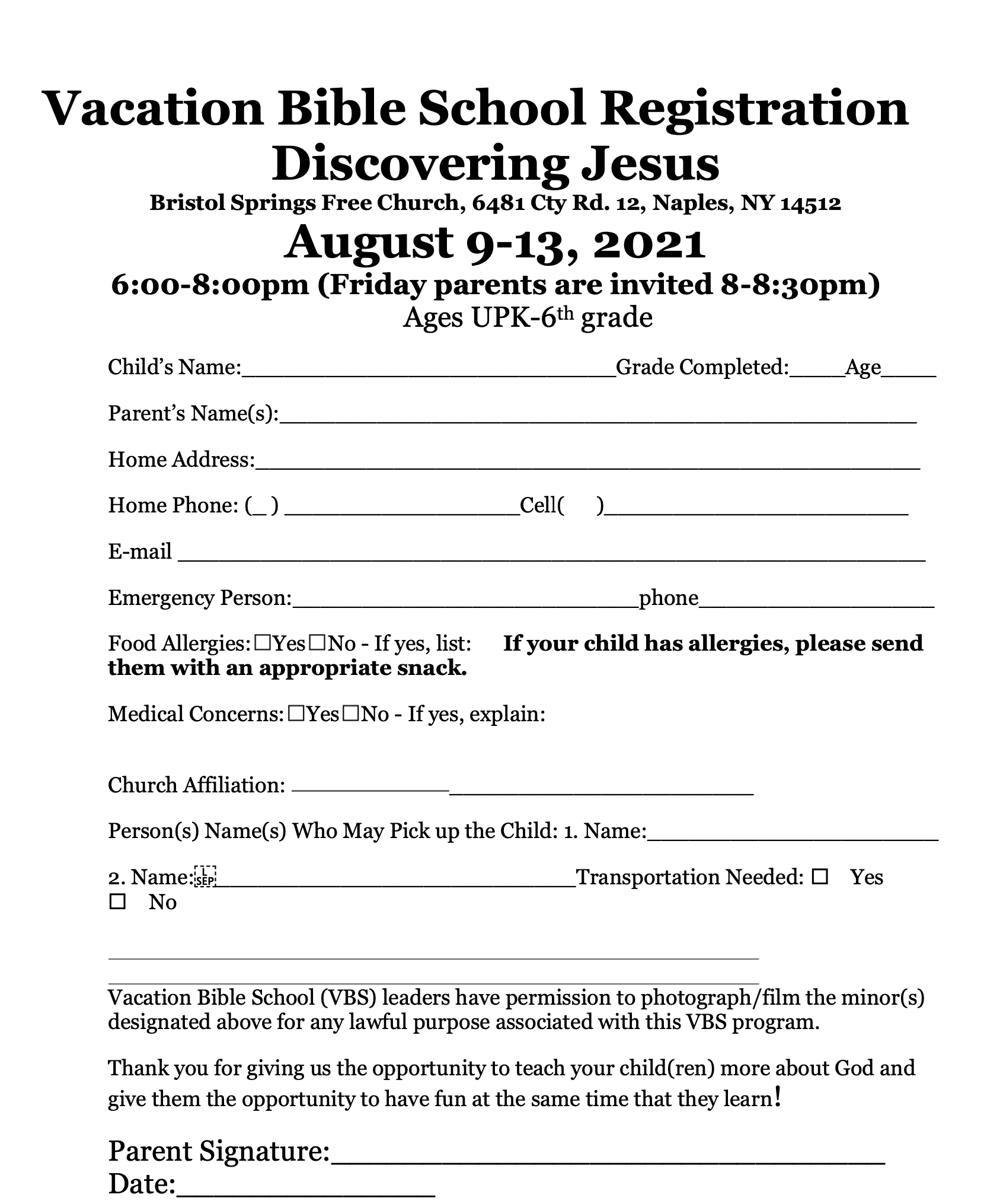 Vacation Bible School Registration Bristol Springs Free Church